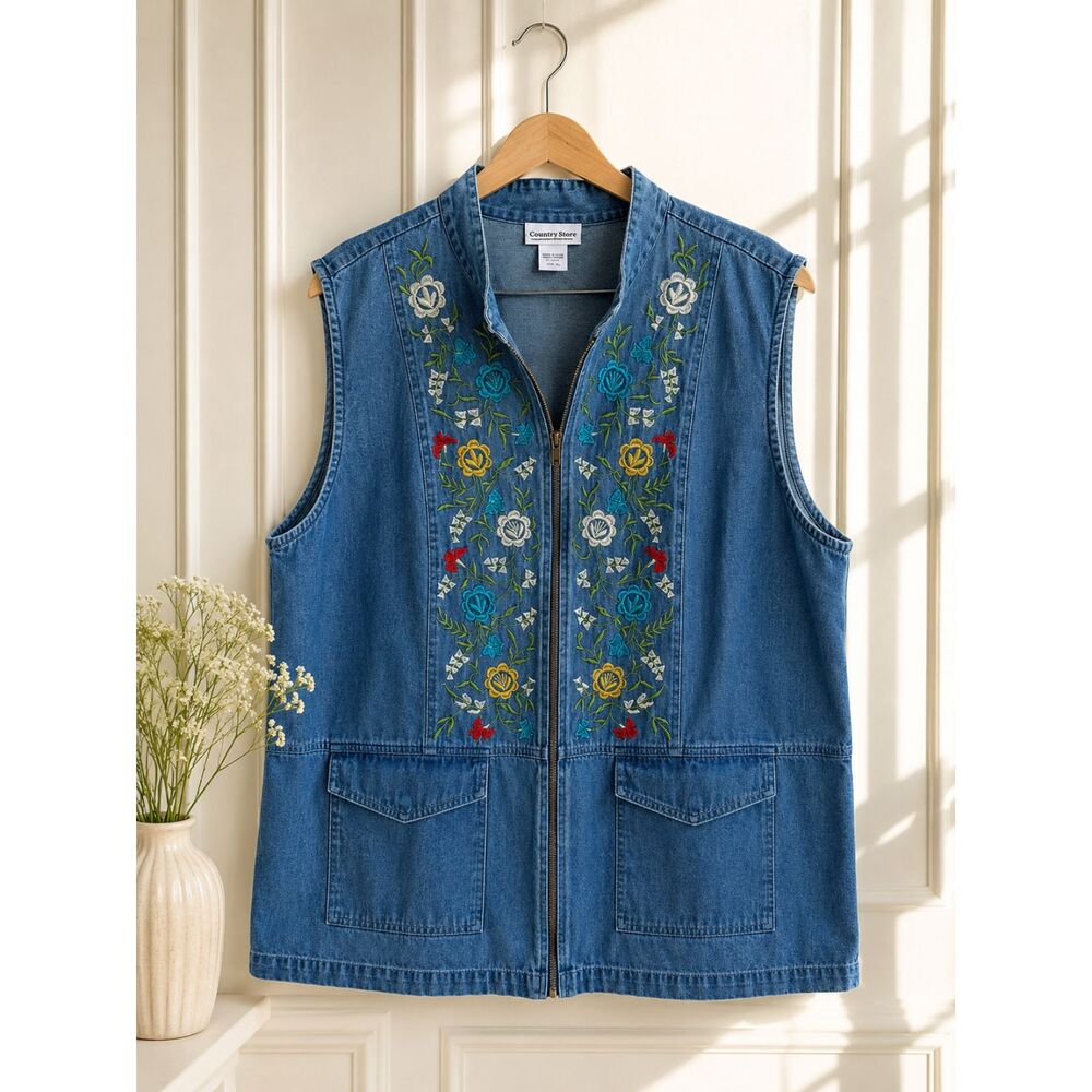 Country Store XL Embroidered Floral Denim Vest Zip Boho Western Cottagecore